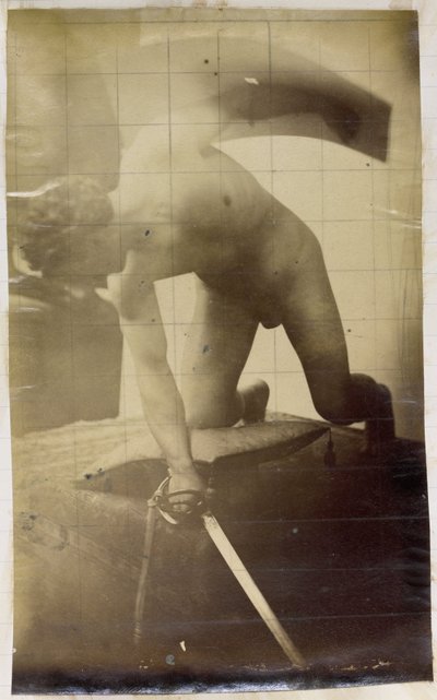 ジャック・ド・ラランのスタジオで、剣と盾を手にひざまずく裸の男性モデルの習作 作： Jacques Lalaing (attributed to)