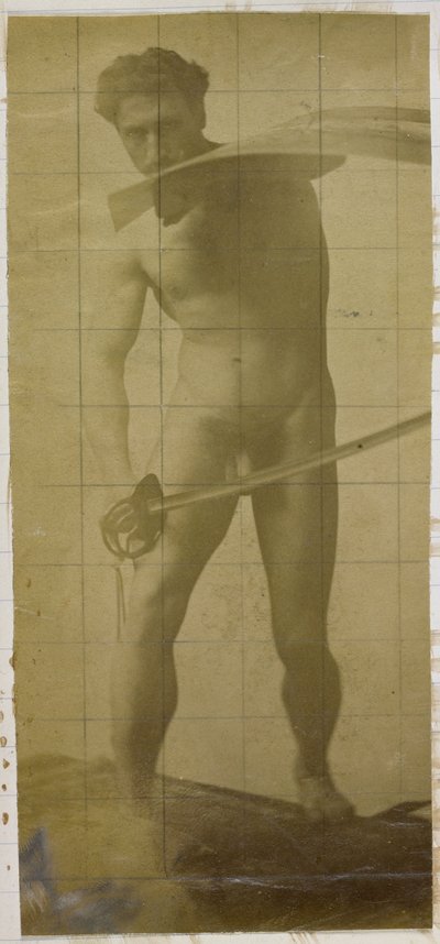 ジャック・ド・ラランのスタジオで、剣と盾を手に立っている裸の男性モデルの習作 作： Jacques Lalaing (attributed to)