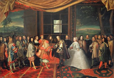 1659 年 11 月 7 日、イル デ フェサンでのルイ 14 世とフィリップ 4 世の会談 (キャンバスに油彩) 作： Jacques Laumosnier