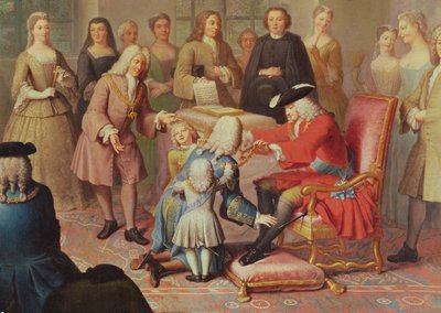 スペインのフィリップ5世は、1724年にスペインのフランス大使であるこれらの元帥にゴールデンフリースを贈ります 作： Jacques Laumosnier