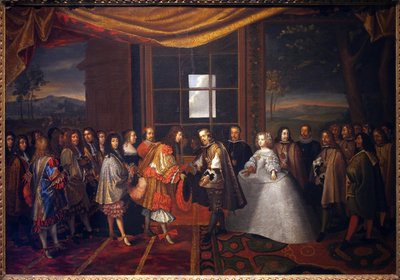 30 年戦争: 「1659 年 7 月 11 日のパイザン島でのフランス国王ルイ 14 世 (1638-1715) とスペイン国王フェリペ 4 世 (1605-1665) のインタビュー」 ピレネー。 フィリップ4世の娘、マリー・テレーズ（マリー・テレーズ） 作： Jacques Laumosnier