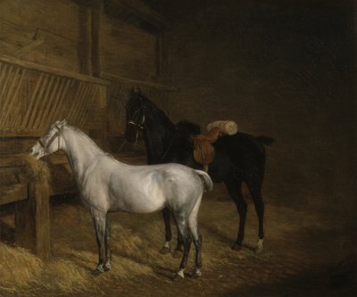 安定した灰色のポニーと黒い充電器（キャンバスに油彩） 作： Jacques Laurent Agasse
