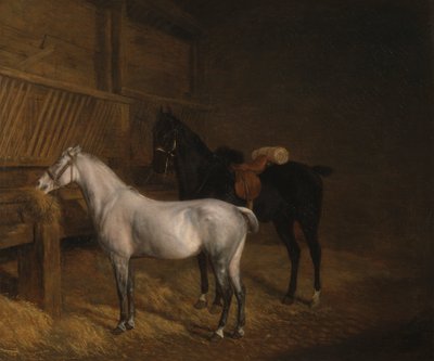 馬小屋の灰色のポニーと黒い充電器 作： Jacques Laurent Agasse