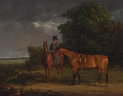 栗のハンターに乗った新郎、手綱でベイハンターを保持 作： Jacques Laurent Agasse
