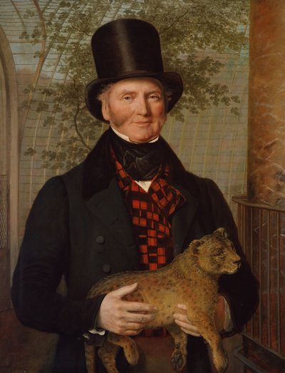 ライオンの子を抱いたエドワードクロスの肖像画、1838年 作： Jacques Laurent Agasse