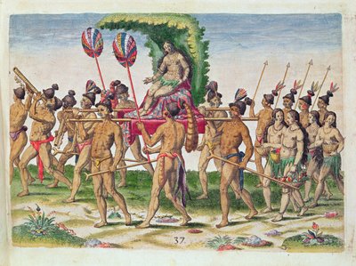 1591年フランクフルトで出版されたセオドア・ド・ブライ（1528-98）によって刻まれた「ブレビス・ナラティオ..」からの花嫁の首領 作： Jacques Le Moyne