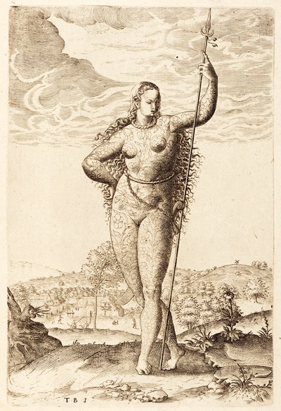 若いピクティッシュな女性、c1585（bw彫刻） 作： Jacques Le Moyne