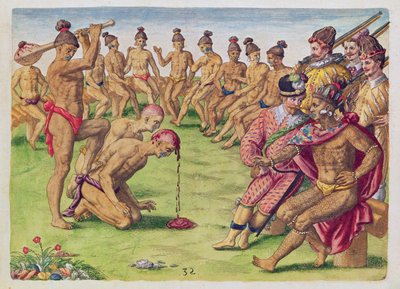 1591年フランクフルトで出版されたセオドア・ド・ブライ（1528-98）によって刻まれた「ブレビス・ナラティオ..」からのセントリーの過失に対する扱い 作： Jacques Le Moyne