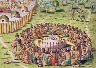 セオドア・ド・ブライによって刻まれた「ブレビス・ナラティオ..」からの首長の埋葬方法1528-98）フランクフルトで出版された1591 作： Jacques Le Moyne