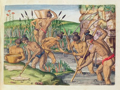 1591年フランクフルトで出版されたセオドア・ド・ブライ（1528-98）によって刻まれた「ブレビス・ナラティオ..」からインディアンが小川から金を集める方法 作： Jacques Le Moyne