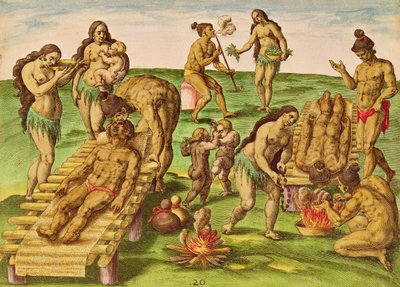 1591年フランクフルトで出版されたセオドア・ド・ブライ（1528-98）によって刻まれた「ブレビス・ナラティオ..」からのインディアンの病気の扱い方 作： Jacques Le Moyne