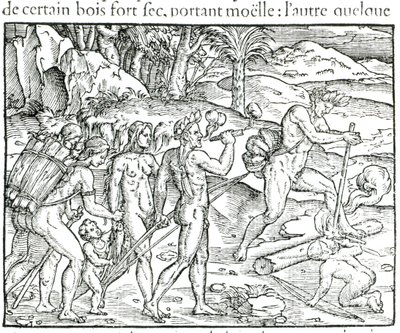 テオドール・ド・ブライ（1525-75）によって刻まれた狩猟後に火をつけるインド先住民 作： Jacques Le Moyne