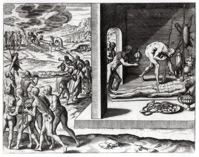 テオドール・ド・ブライ（1525-75）によって書かれ、刻まれた「アメリカ大陸」のインドの葬儀、1602年 作： Jacques Le Moyne