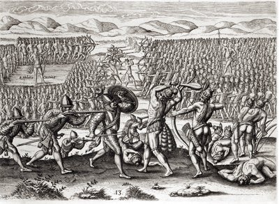 アウティナは、セオドア・ド・ブライ（1528-98）1591（223425と173458も参照）によって刻まれた「ブレビス・ナラティオ」から、フロリダ、フランス、1564の助けを借りてパタヌーを倒します。 作： Jacques Le Moyne