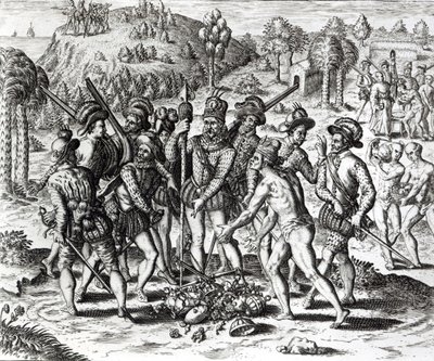 セオドア・ド・ブライ（1528-98）によって刻まれた「歴史」1598年からインディアンから贈り物を受け取ったスペイン人 作： Jacques Le Moyne