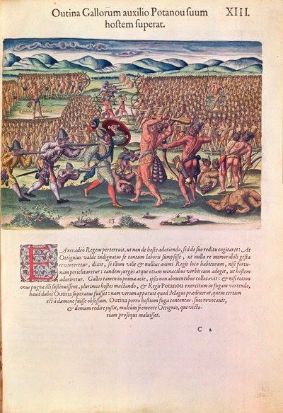 1591年フランクフルトで出版されたセオドア・ド・ブライ（1528-98）によって刻まれた「ブレビス・ナラティオ..」からのフランス人のインディアンの戦いへの支援（1591年も参照） 作： Jacques Le Moyne