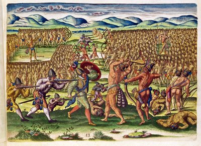1591年フランクフルトで出版されたセオドアドブライ（1528-98）によって刻まれた「ブレビスナラティオ..」からのフランス人のインディアンの戦いの支援（173458と111679も参照） 作： Jacques Le Moyne
