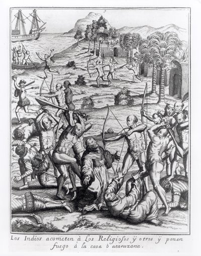 テオドール・ド・ブライ（1528-98）によって書かれ彫刻された「アメリカ」から彫刻を施した、インディアンが司祭や他の人々を攻撃して家に火をつけた 作： Jacques Le Moyne