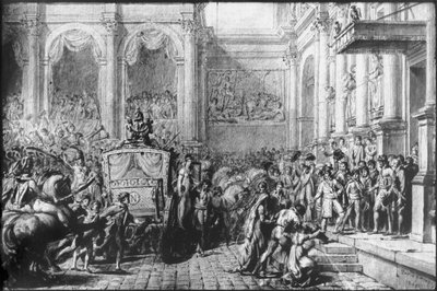 奉献から戻って、1805年、パリのホテルドゥヴィルに到着したナポレオン（紙にペンと黒のインクと灰色のウォッシュとグラファイト） 作： Jacques Louis David