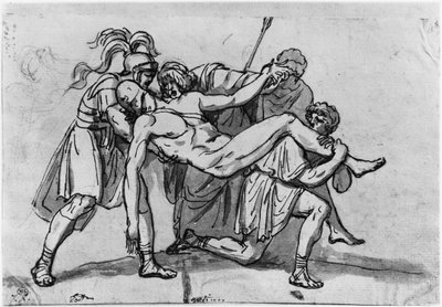 Meleagerの死（紙にペンと茶色のインクと灰色のウォッシュとピエールノワール） 作： Jacques Louis David