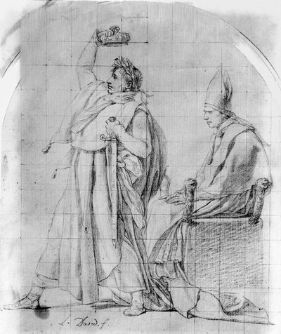 戴冠するナポレオン皇帝 1804/07年頃 （紙に鉛筆、インクの痕跡あり 作： Jacques Louis David