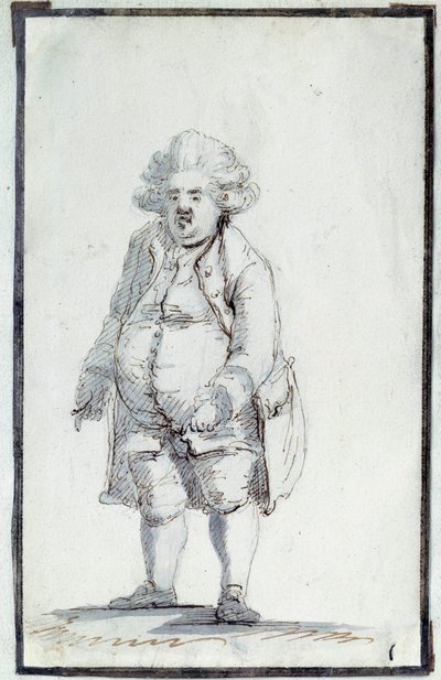 フランス革命。"Caricature de Mirabeau-Tonneau" アンドレ・ボニファス・ルイ・リケッティ（1754-1792）、ミラボー子爵、「ミラボー・トノー」（Mirabeau-Tonneau）と呼ばれていたが、その堕落ぶりから樽の愛称で呼ばれていた。ジャック・ルイによる茶色のインクのドローイング 作： Jacques Louis David