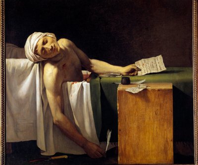 フランス革命。"Jean Paul Marat (1743-1793) was murdered in his bathtub on 13/07/1793" ジャック・ルイ・ダヴィッドの工房に所属していたジェローム・マルティン・ラングロワ（1779-1838）による絵画。19世紀 作： Jacques Louis David