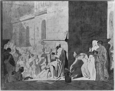 ホーマー、1794年に彼の詩を朗読（紙にペンと黒のインクとグラファイトとグレーのウォッシュと赤いチョーク） 作： Jacques Louis David