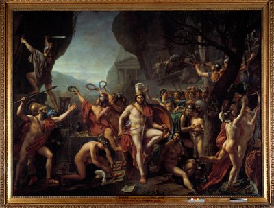 レオニダスとテルモピールの戦い 紀元前480年、ギリシャ軍とクセルクセス1世のペルシャ軍が戦ったテルモピールの戦いのエピソード スパルタ王レオニダス1世がヘラクレスの祭壇の近くの岩の上に腕を組んで座っており、後ろにはスパルタ軍の部隊がテルモピールに向かって進んでいる。 作： Jacques Louis David