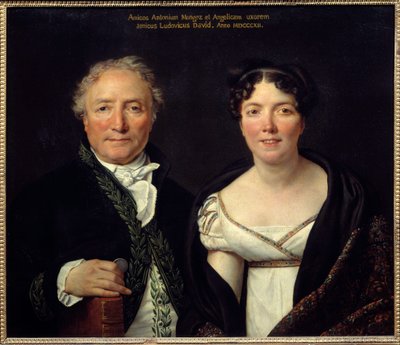 アントワーヌ・モンジュ（1747-1835）考古学者とその妻アンジェリーク（1775-1855）の肖像 画家アントワーヌ・モンジュはアカデミアンの衣装を着てポーズをとり、手にはコインの管理者としての役割を想起させる作品を持っています。ジャック・ルイ・ダヴィッド（1748-）の絵画 作： Jacques Louis David