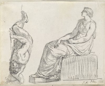 地面に寝そべって座っている女性と男性 作： Jacques Louis David