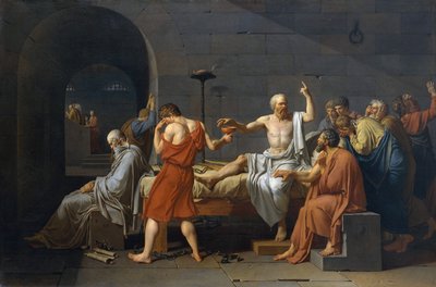古代ギリシャの哲学者ソクラテスの自殺（前5世紀、JC）は、不敬罪と青少年の堕落を問われ、シゲを飲まなければならなかった。 作： Jacques Louis David