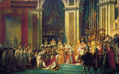 1804 年 12 月 2 日、1807 年 12 月 2 日のパリのノートルダム寺院でのナポレオンの戴冠式。 作： Jacques Louis David