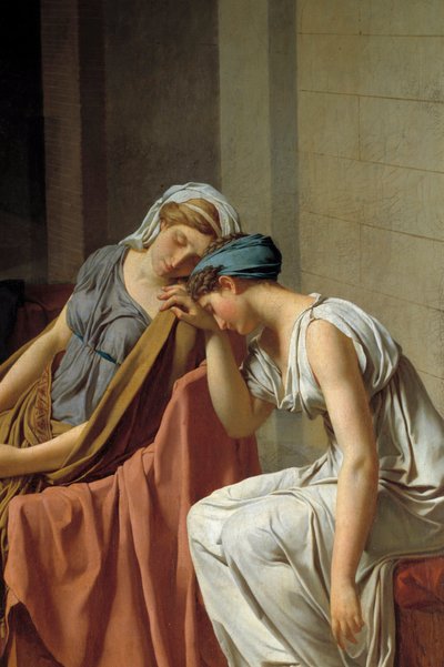 痛みで倒れている女性を表すホレス詳細宣誓。ジャック・ルイ・ダヴィッド（1748-1825）による絵画 1784年 日0.26x0.37 m 作： Jacques Louis David