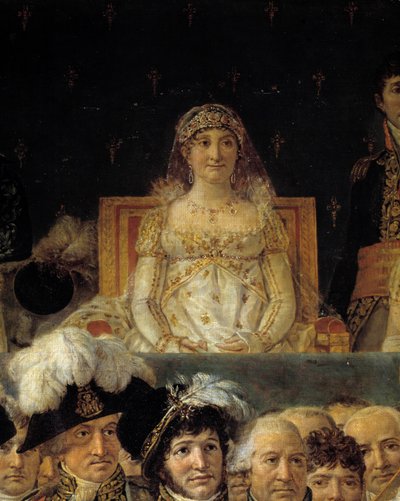 ナポレオンの儀礼。1804年12月2日、パリのノートルダム寺院で行われた皇帝ナポレオン1世ボナパルトの聖別式と皇女ジョゼフィーヌの戴冠式の際に、ナポレオン1世の母であるレティシア・ボナパルト（レティツィア・マリア・ラモリーノ）（1750-1836）を描いたディテール。絵画 b 作： Jacques Louis David