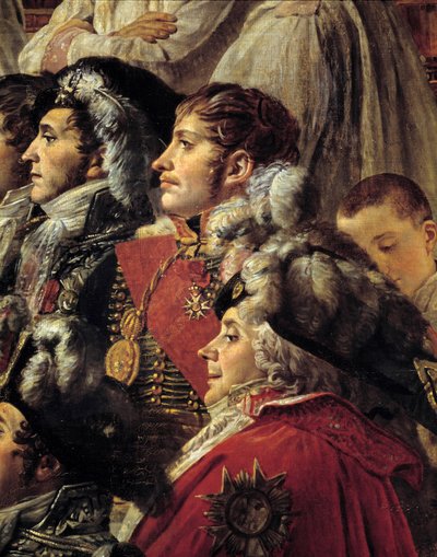 ナポレオンの儀礼。オーギュスト・ジャン・ガブリエル・ドゥ・コーランクール（1777-1809）、ユージン・ローズ・ドゥ・ボーアルネ（1781-1824）、シャルル・モーリス・ドゥ・タレイラント・ぺリゴール（1754-1838）が皇帝ナポレオンの聖餐式で撮影した写真の詳細。 作： Jacques Louis David