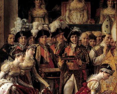 ナポレオンの儀礼。ジョセフィーヌとその従者、フィリップ・アンリ（セギュール侯爵）（1724-1801）、ジャノ・デ・モンシー（コネリアーノ公爵）（1724-1801）を表すディテール。 作： Jacques Louis David
