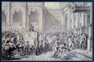 1804年12月16日、皇帝ナポレオン1世（1769-1821）の政務の際にパリのホテル・ドゥ・ヴィルに到着した馬車 ジャック・ルイ・ダヴィッド（1748-1825）によるデッサン 1804年 日。0.26x0.4 m パリ、ルーヴル美術館 作： Jacques Louis David