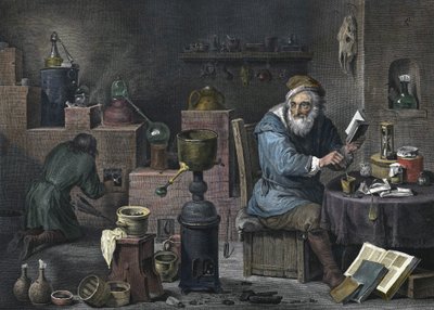 錬金術師。 ジャック・ルイ・ペレによる版画。 17世紀。 作： Jacques Louis Perée