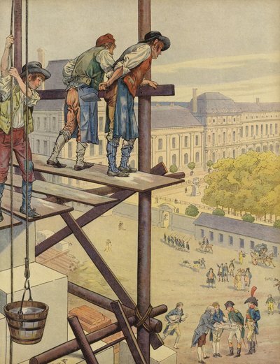 建設労働者はピラミッド広場の足場から下を見下ろす 作： Jacques Marie Gaston Onfray de Breville (Job)