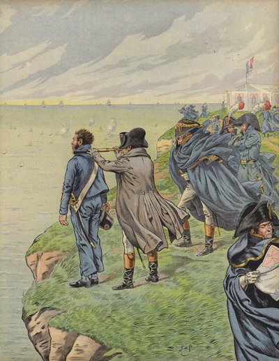ナポレオンボナパルトがブローニュを出発する際に艦隊を調査 作： Jacques Marie Gaston Onfray de Breville (Job)
