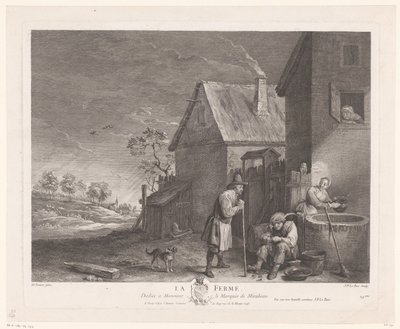農場の井戸の前にいる 2 人の男性と 1 人の女性 La Ferme (オブジェクトのタイトル) 作： Jacques Philippe Le Bas