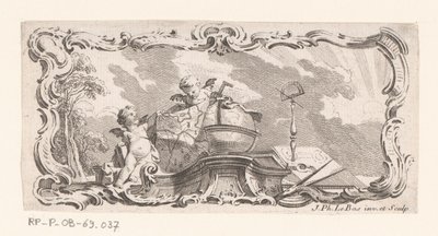 地図、地球儀、測定器を備えた 2 つのパテを含むビネット 作： Jacques Philippe Le Bas