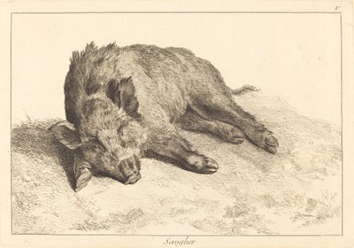 サングリエ（イノシシ寝そべり、左向き） 作： Jacques Philippe Le Bas and Jean Eric Rehn after Jean Baptiste Oudry
