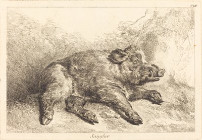 サングリエ（イノシシ寝そべり、右向き） 作： Jacques Philippe Le Bas and Jean Eric Rehn after Jean Baptiste Oudry