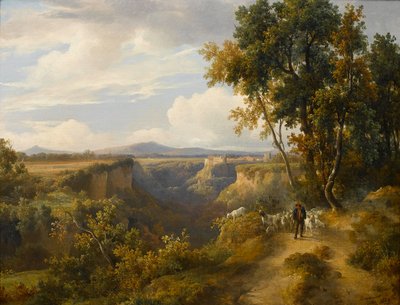 イタリア風の風景画に描かれた山羊飼いとその群れ（ファレリアと思われる 作： Jacques Raymond Brascassat