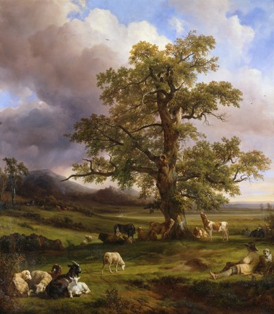 大きなオークの木の周りで休む動物、1842 作： Jacques Raymond Brascassat