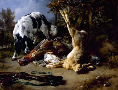 死んだゲームの静物を持つスパニエル、1837 作： Jacques Raymond Brascassat