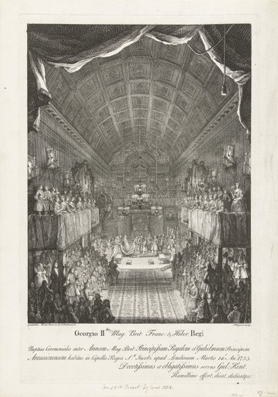 Huwelijk van Willem IV は 1734 年にアンナ王女に会いました George II Mag: Brit: Franc: & Hiber. アン (...) とウィリアム (...) の間の王の結婚式 14 日火曜日: アノ: 1733 (...) (オブジェクトのタイトル) 作： Jacques Rigaud