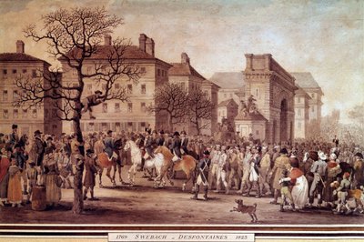 1814 年のフランス戦役: 「1814 年 9 月 3 日にマレシャル モンシーが指揮する国家警備隊に護衛された連合軍 (ロシアとプロイセンを含む) の捕虜のパリでのアントレ」ジャック スウェバッハ デフォンテーヌ (1769 年-) によるリトグラフ 1823) 作： Jacques Swebach Desfontaines